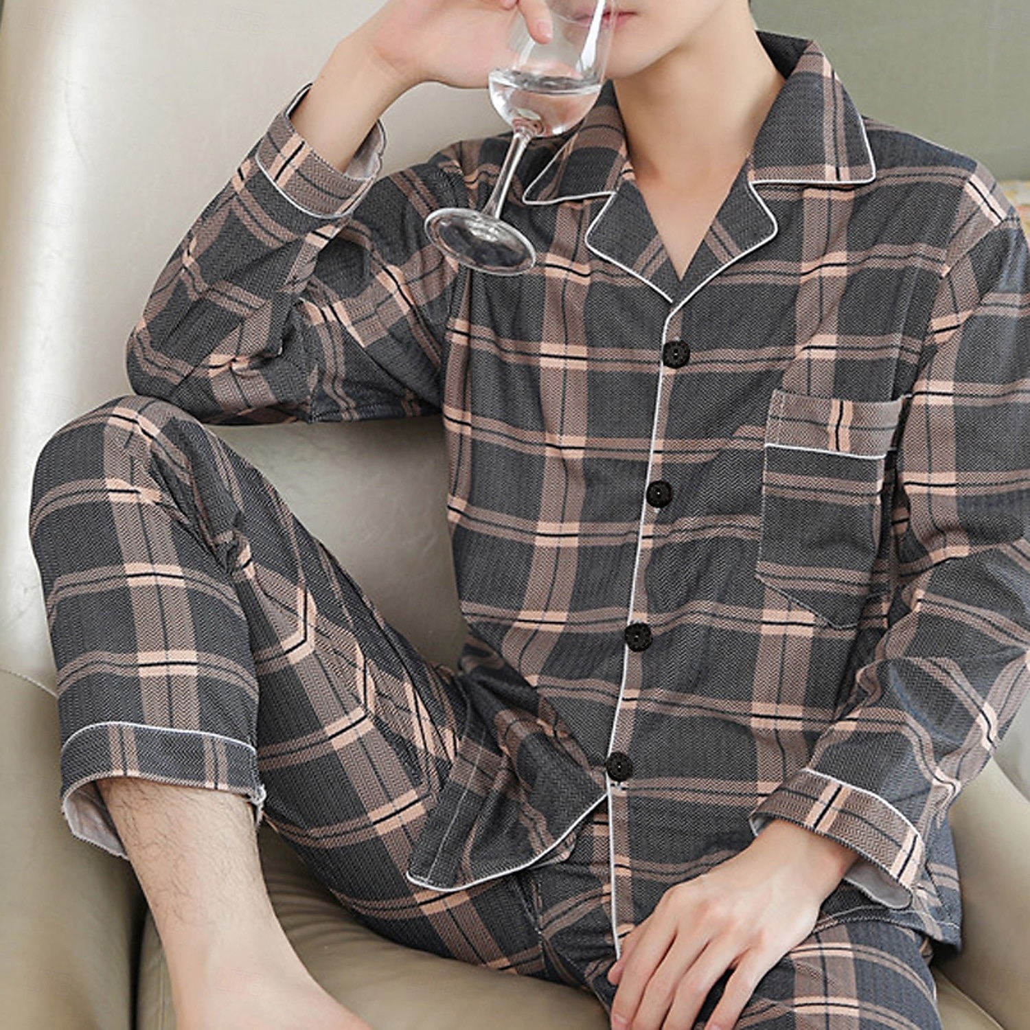 Herre Pyjamas lounge Sett Nattøy Gitter / Teppe Mote Enkel Komfort Hjem Seng Bomull Knaphul Langermet Bukse Vår Høst Blå Mørkegrå 2025 - $20.99 –P3