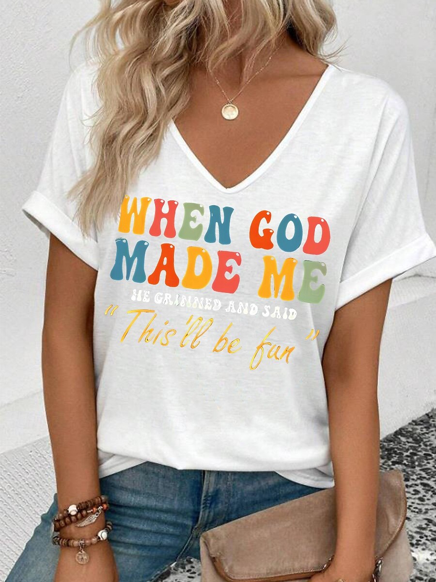 Pentru femei Tricou Grafic Scrisă Casual Manșon scurt În V Topuri obișnuite Zilnic Sfârșit de săptămână Imprimeu Negru Alb Verde Deschis Roz Îmbujorat Vară GOD 2025 - $19.99 –P3