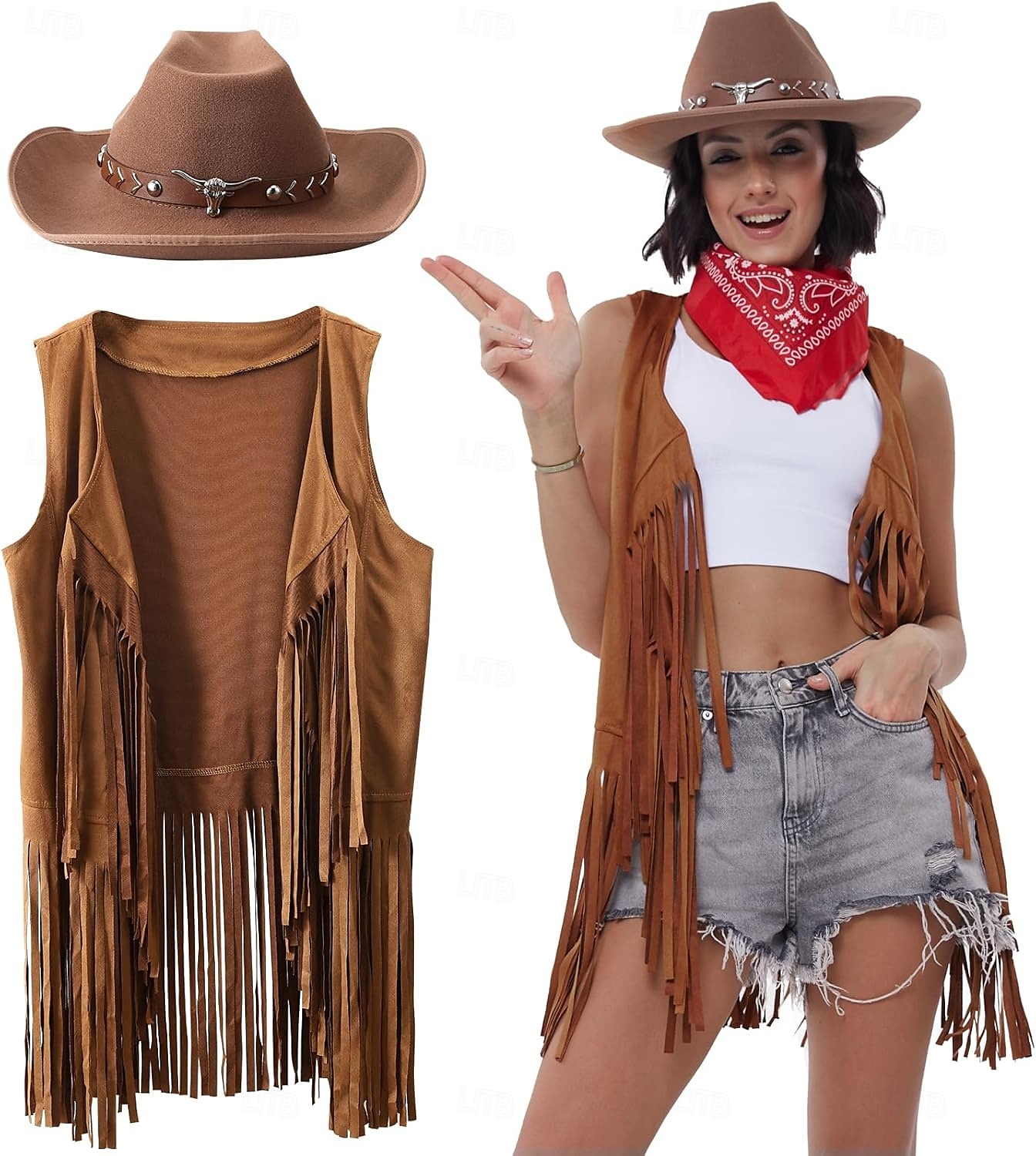 Western Outfits for Women Cowgirl Tassel Sleeveless Vest Cowboy Hat and Paisley Bandana 2025 - $30.99 –P1