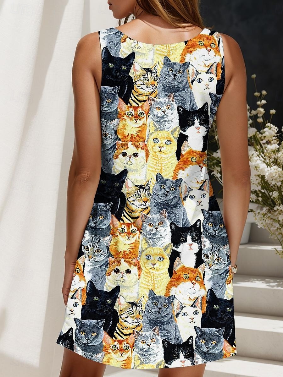 Damen Minikleid A Linie Kleid Sommerkleid Schulterfreies Kleid Urlaub Lässig Täglich Ferien Cocktailparty Lässiger Schnitt Grafik Katze Ärmellos U-Ausschnitt Orange Sommer 2025 - $21.99 –P2