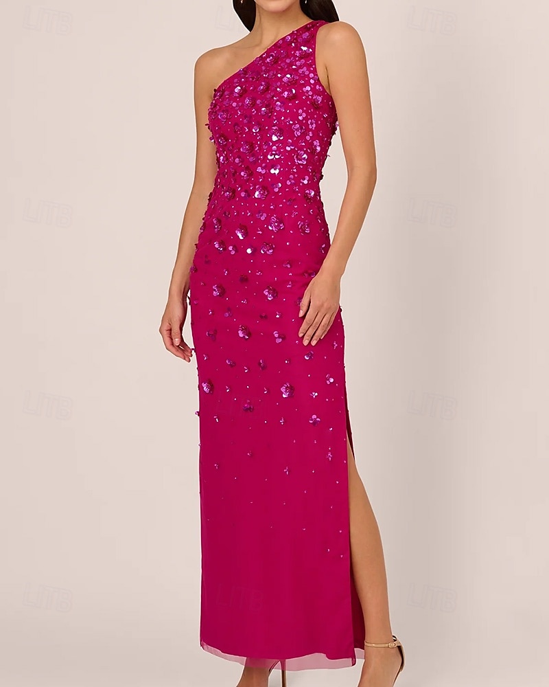 Sheath / Column Beaded Gown Celebrity Style Dress Formal Wedding Guest Floor Length Sleeveless One Shoulder Chiffon with Flowers Beading Sequin Slit 2025 - $164.99 –P4