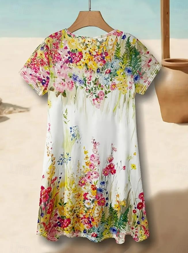 Ženské mini šaty tričkové šaty tee šaty sundress dovolená neformální plážová dovolená každodenní vycházení běžný střih květinový grafický krátký rukáv V výstřih bílý vzor léto 2025 - $23.99 –P2