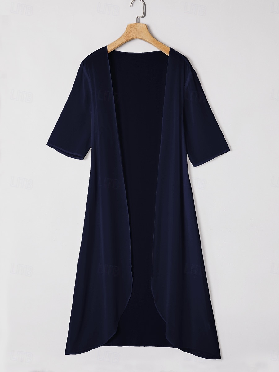 Dame Chiffongoverdeler Helfarge Elegant Stilfull Halvlange ermer Asymmetrisk Lange topper Navyblå Sommer Vår 2025 - $10.99 –P3