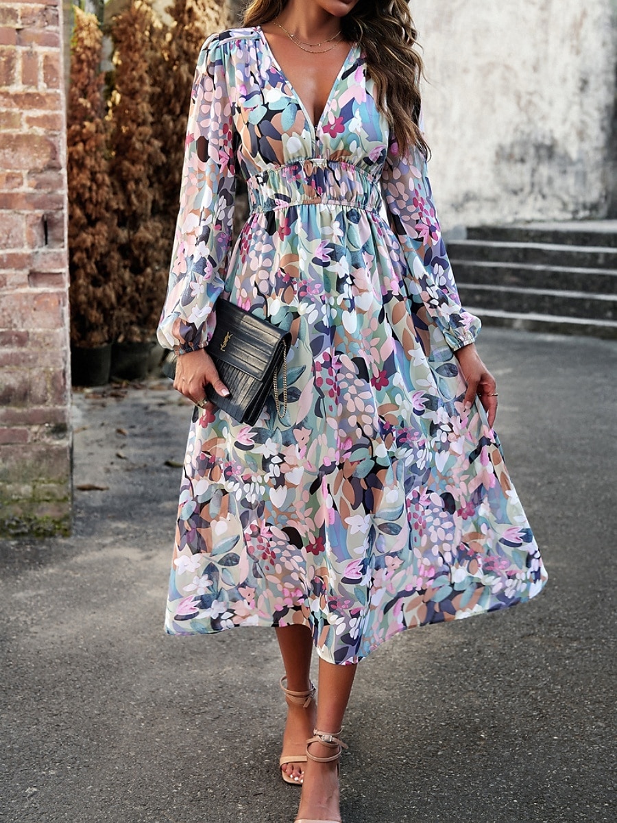 Women's Midi Dress A Line Dress Fit And Flare Dress Puff Sleeve Dress Vacation Casual Vacation Daily Regular Fit Graphic Long Sleeve V Neck Red Blue Green Apricot Summer 2025 - $46.99 –P18