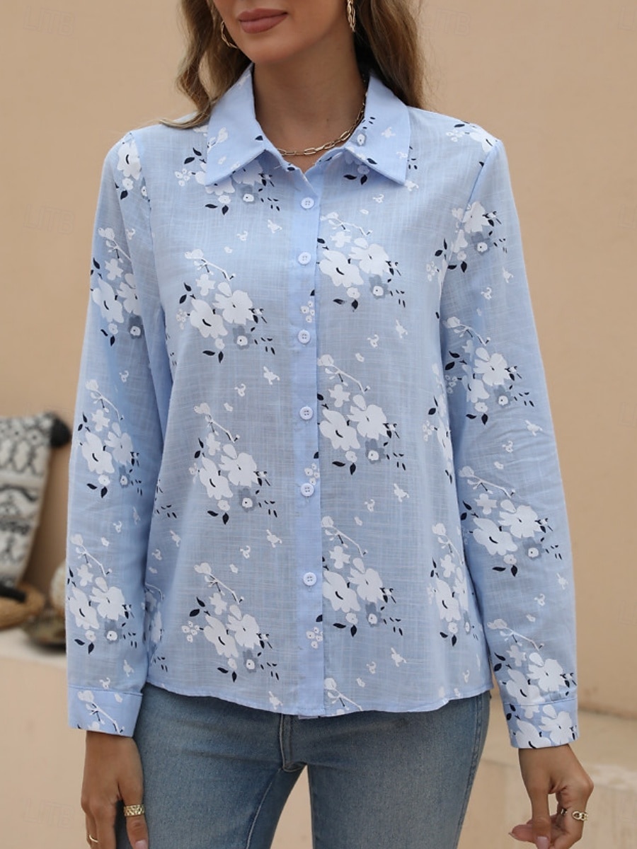 Damenhemd Floral Stylish Casual Langarmhemd Kragen Regelmäßige Tops Täglich Leinenähnliche Knöpfe Druck Weiß Gelb Hellblau Sommer Frühling 2025 - $19.99 –P10