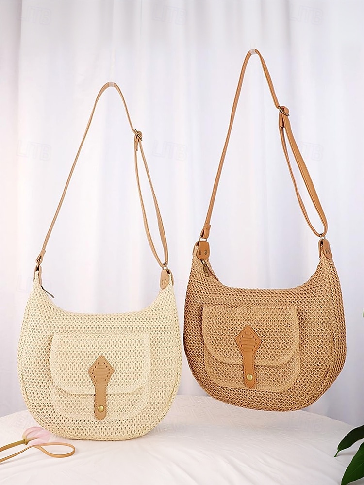 női nagy kapacitású, kézzel készített szalmából készült nyeregtáska válltáska - bohém crossbody táska elülső zsebbel, nyári strandtáska, alkalmi utazótáska nyaraláshoz, vásárláshoz és mindennapi használatra 2025 - $19.99 –P8