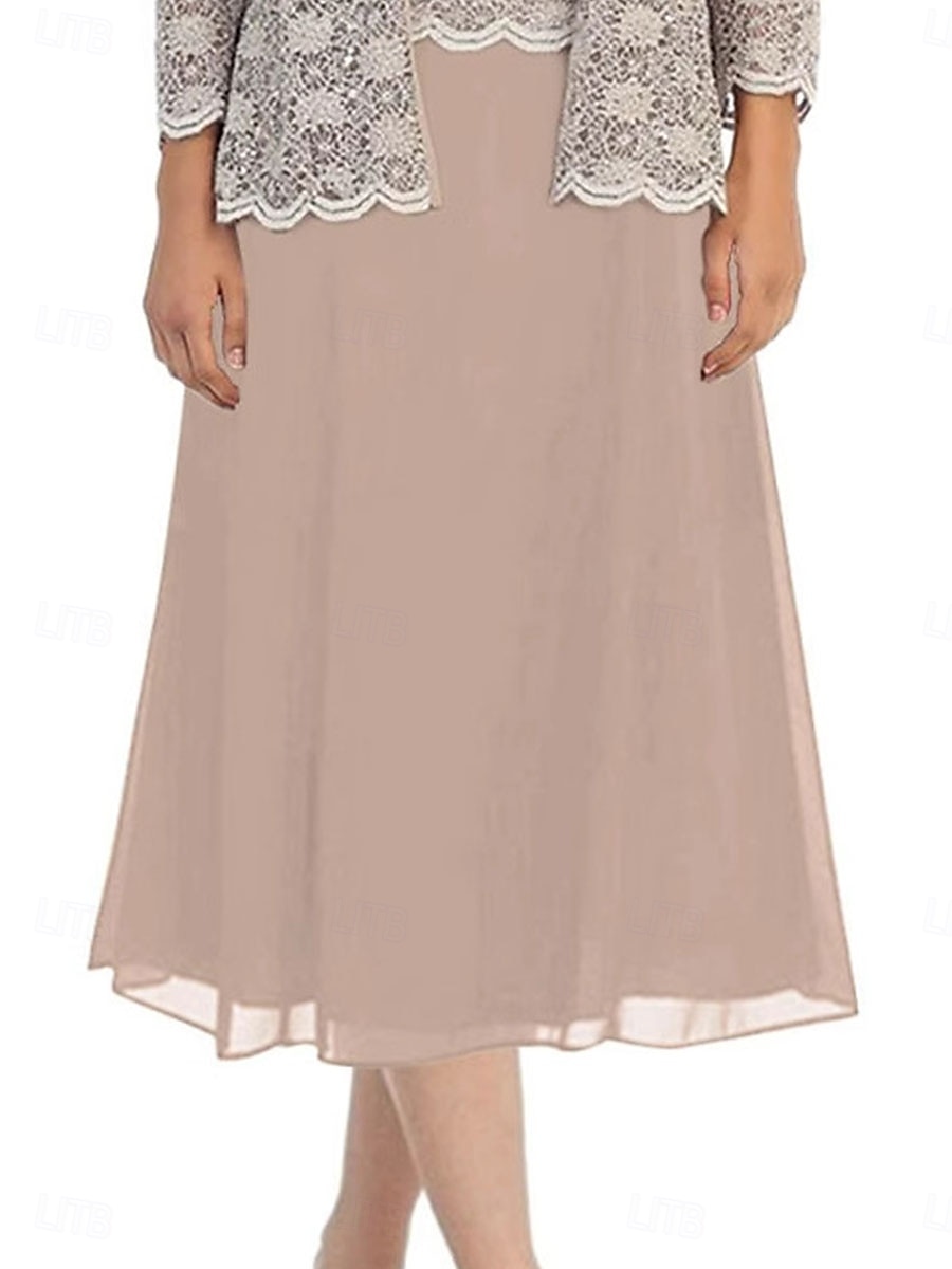 Ensembles de Robes Robe de Mère de Mariée  Élégant Simple Une Épaule Longueur thé Polyester manche longue avec Dentelle Couleur Unie 2025 de 2025 ? $101.99 –P2
