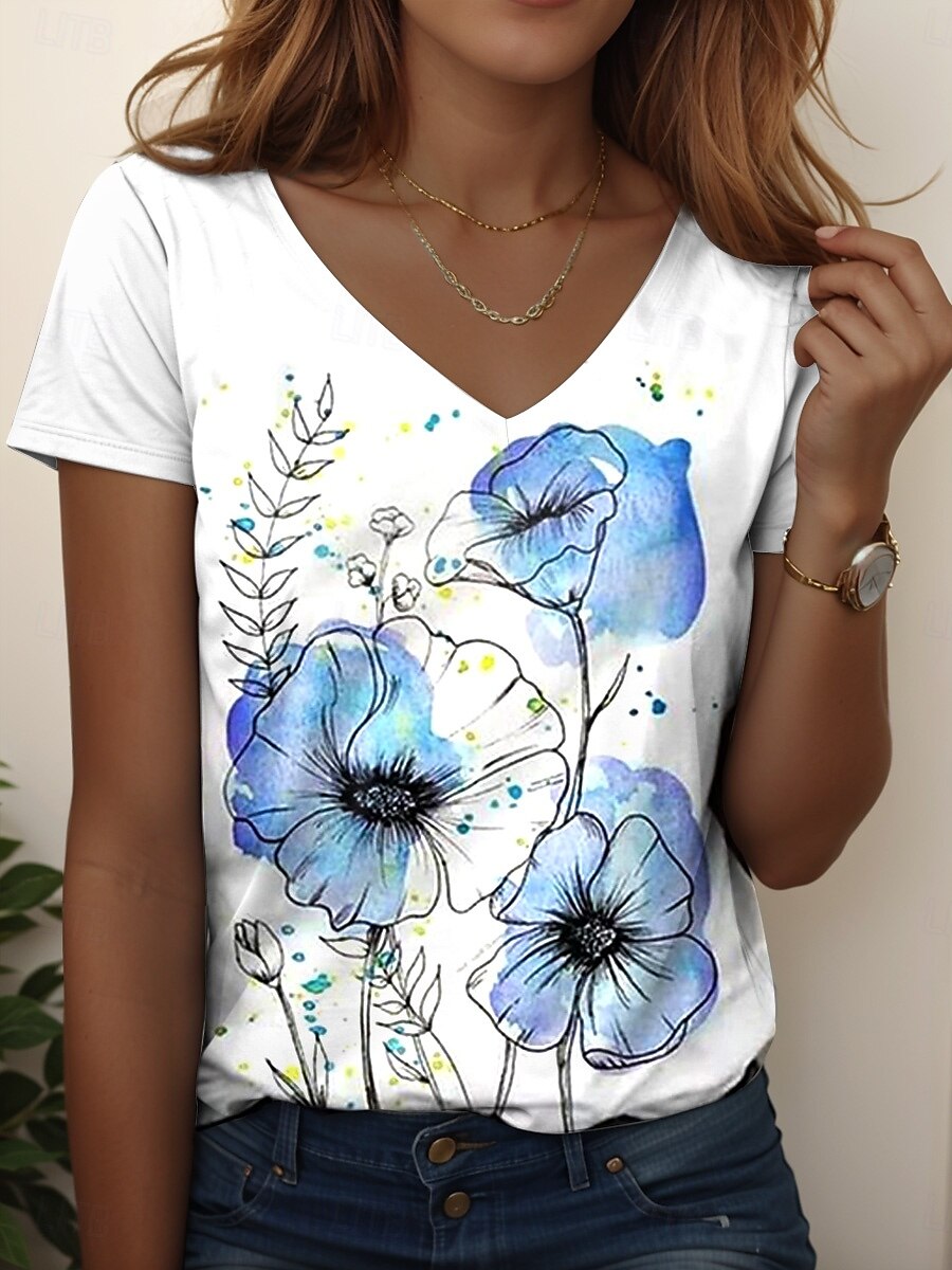 Women's T Shirt Ombre Floral Graphic Casual Short Sleeve V Neck Regular Tops Daily Print White Green Summer Spring 2025 - $19.99 –P2