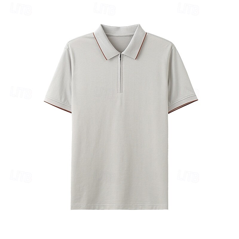 Pulover polo tricotat pentru bărbați, din amestec de mătase și bumbac, stil business casual, cu rever, mânecă scurtă, formal, cu fermoar, în blocuri de culori, vară, negru, albastru, gri 2025 - $49.99 –P10