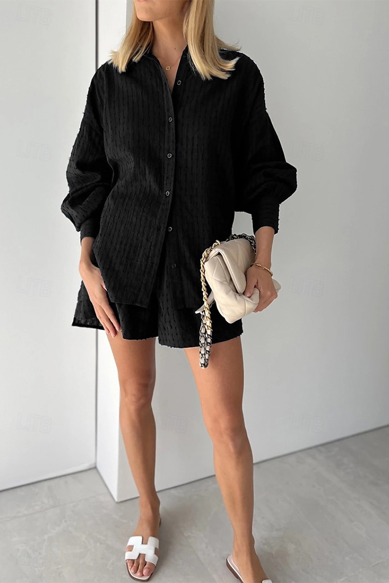 Women's Active Basic Shirt Shorts Sets Long Sleeve Shirt Collar Solid Color Dubbele Rij Knopen Holiday Casual Daily Black White Yellow Summer Regular Fit 2025 - $24.99 –P6