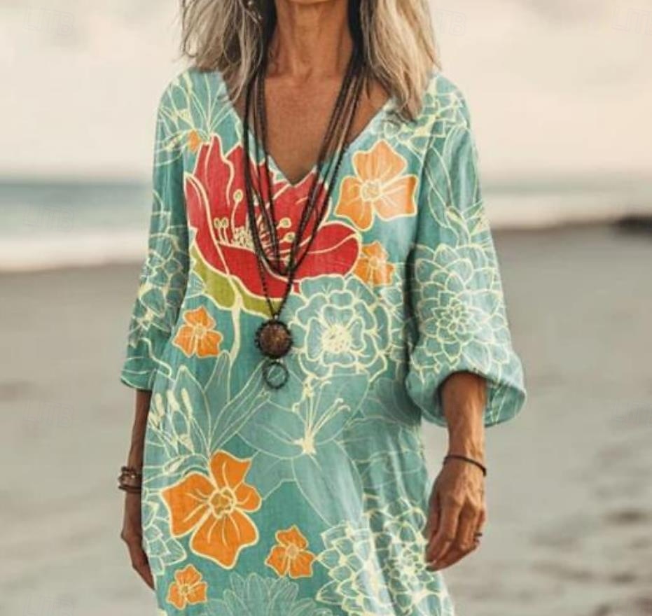 Frauen Maxi Kleid Strandkleid A-Linie Kleid Urlaub Lässig Strand Outdoor Urlaub Alltag Reguläre Passform Floral Grafik Lange Ärmel V-Ausschnitt Hellgrün Sommer Frühling 2025 - $36.99 –P2