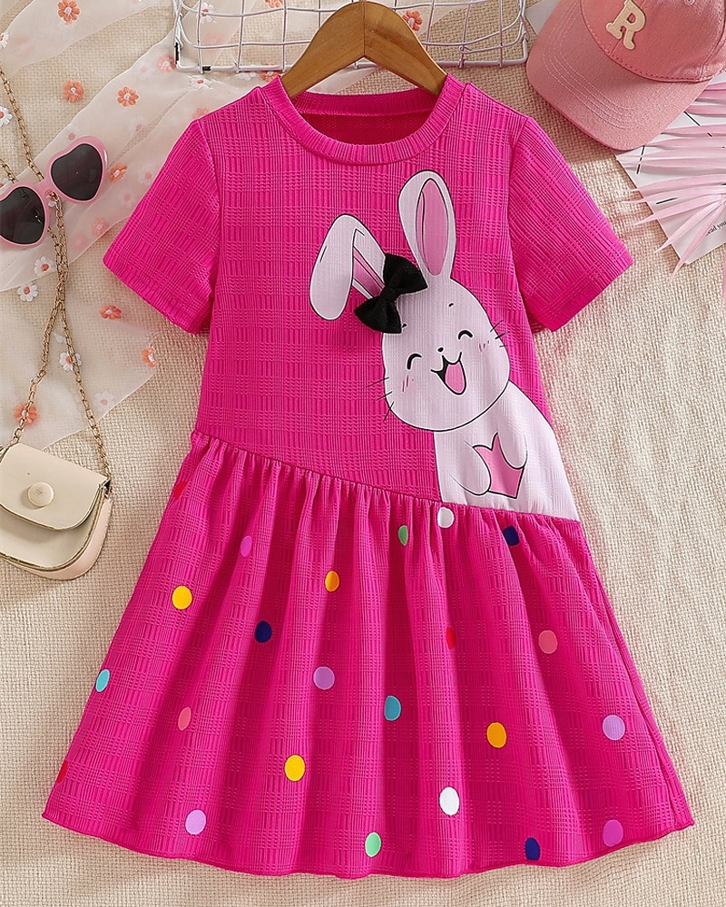 Děti Dívčí Šaty Králíček Krátký rukáv Venkovní Ležérní Módní Rozkošný Polyester Délka ke kolenům Volnočasové šaty Áčkové šaty Léto 4 roky + Sytě červená 2025 - $18.49 –P1
