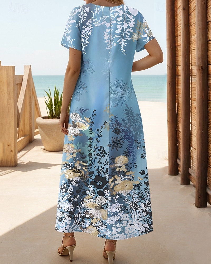 Damen Maxi Kleid A-Linien Kleid T-Shirt Kleid Tee Kleid Sundress Sommerkleid Elegant Urlaub Tropisches Urlaub Strand Regulär Fit Floral Grafik Kurzarm Rundhals Blau Sommer 2025 - $25.99 –P2