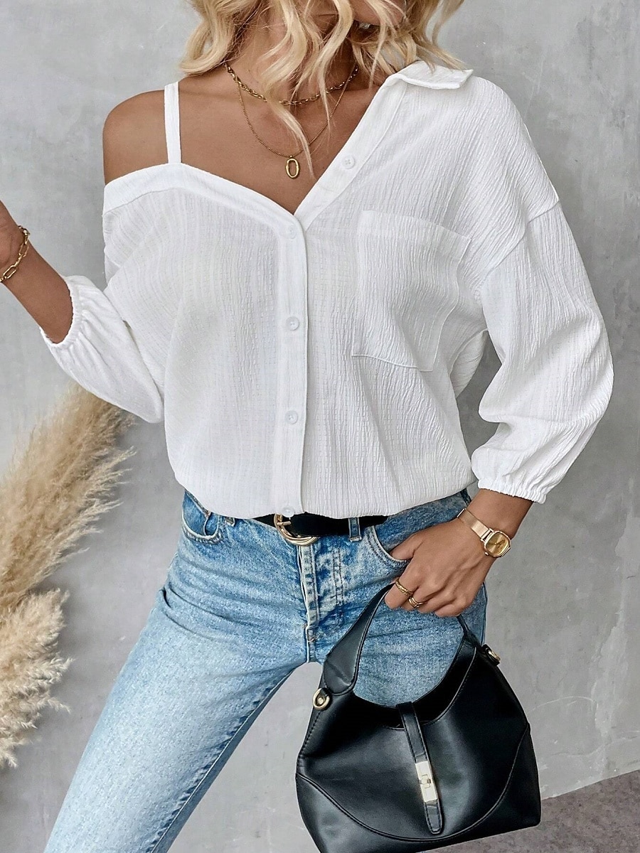Damen Hemd Einfarbig Stilvoll Lässig Langarm Hemdkragen Normale Oberteile Täglich Knöpfe Tasche Schwarz Weiß Grün Aprikose Sommer 2025 - $23.99 –P3