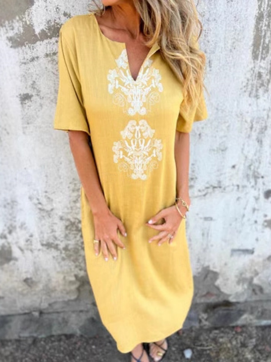 Vestido Maxi Feminino Vestido Shift Vestido de Verão Casual Diário Ajuste Regular Floral Manga Curta Gola Corte Notch Branca Amarela Rosa Vermelha Verão de 2025 por $32.99 –P8