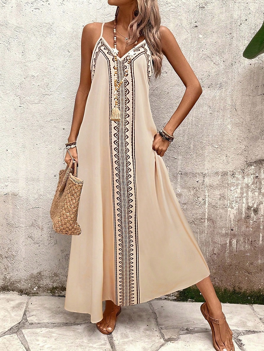 Dámské Maxi šaty Letní šaty Áčkové šaty Slip Dress prázdniny Na běžné nošení Jdeme ven Plážové Běžný Grafika Geometrický Bez rukávů Do V Khaki Léto Jaro 2025 - $34.99 –P1