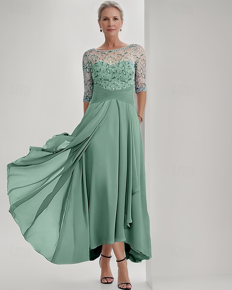 Blue Green Embroidered A-Line Dress Mother of the Bride Dress Elegant Jewel Neck Floor Length Chiffon Half Sleeve Wrap Included with Lace Ruffles Tier 2025 - $178.99 –P5