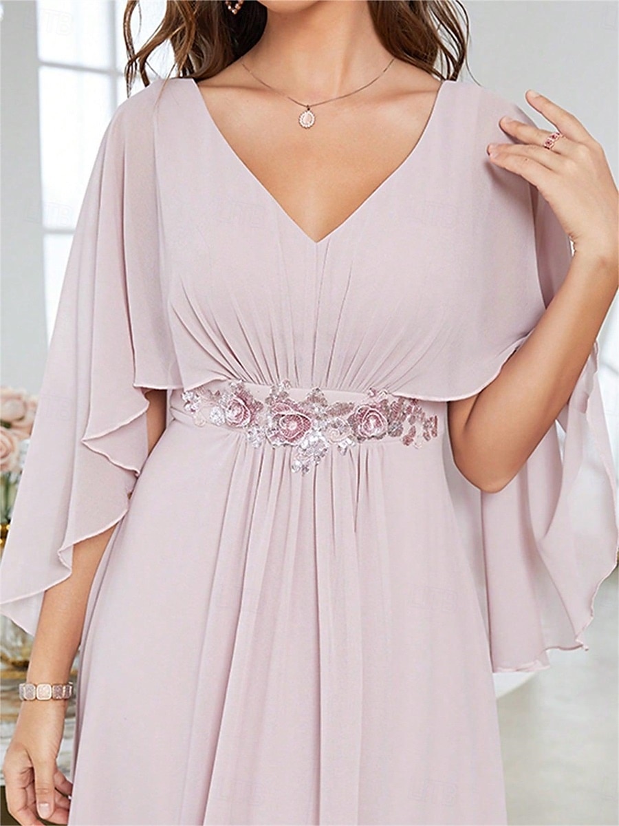 Dress Mother of the Bride Dress Elegant Party V Neck Floor Length Polyester Half Sleeve with Appliques 2025 2025 - $82.99 –P15