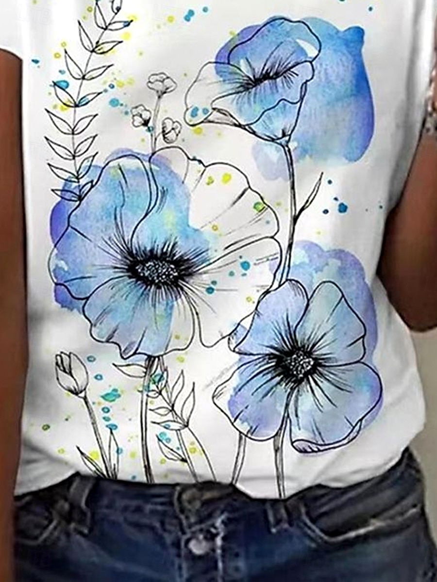 Damen T Shirt Blumen Grafik Bohemien Mode Strand Langarm V Ausschnitt Normale Oberteile Täglich Sport Ausgehen Druck Leicht Blau Sommer Frühling 2025 - $19.99 –P3