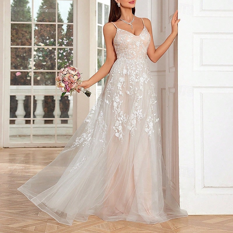 Kleine weiße Kleider Hochzeitskleider A-Linie V-Ausschnitt Ärmellos Bodenvoll Tüll Brautkleider Mit bestickter floralem Spitze Kleid 2025 - €142.99 –P1