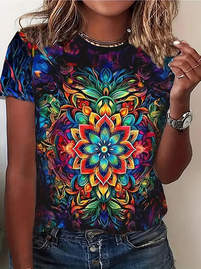 Femmes T-shirt Hauts d'été Graphique Bloc de Couleur Classique Occasionnel Manche Courte Col ras du cou Hauts courts Quotidien Week-end Imprimé Arc-en-ciel Été Printemps Automne de 2025 ? $14.49 –P1