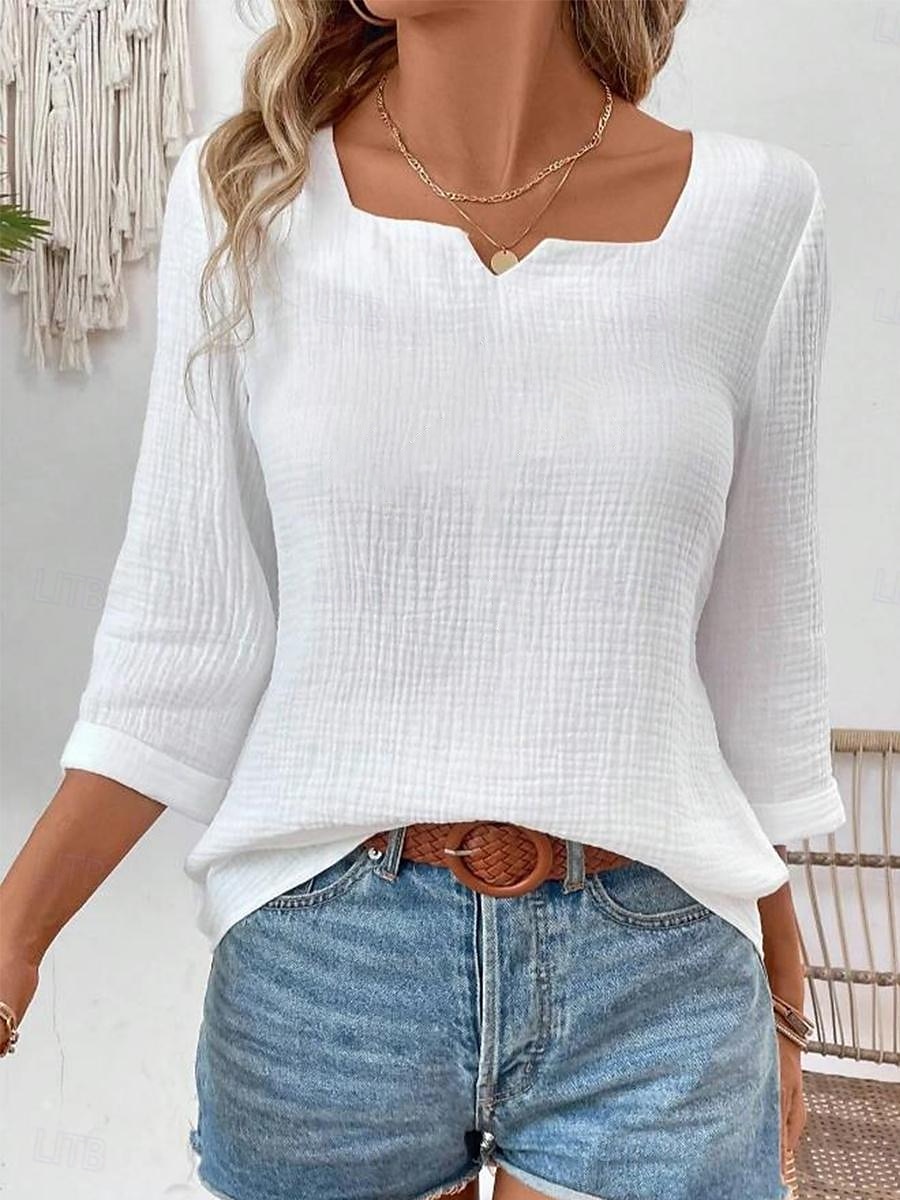 Frau Bluse Tierisch Elegant 3/4 Länge Ärmel Eingeschnittener Hals Regulär Oberteile Täglich Leinenartig Ausgehen Print Weiß Sommer 2025 - $23.99 –P1