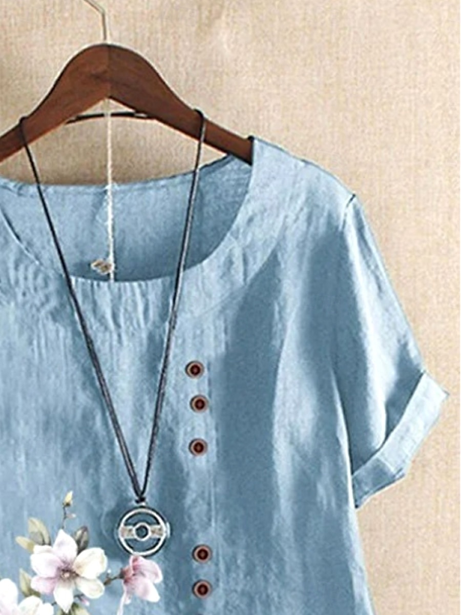 Women's 100% Cotton Shirt Blouse Floral Linen Vintage Casual Short Sleeve Crew Neck Regular Tops Daily Going out Buttons Print Light Blue Summer Spring 2025 - $22.99 –P2