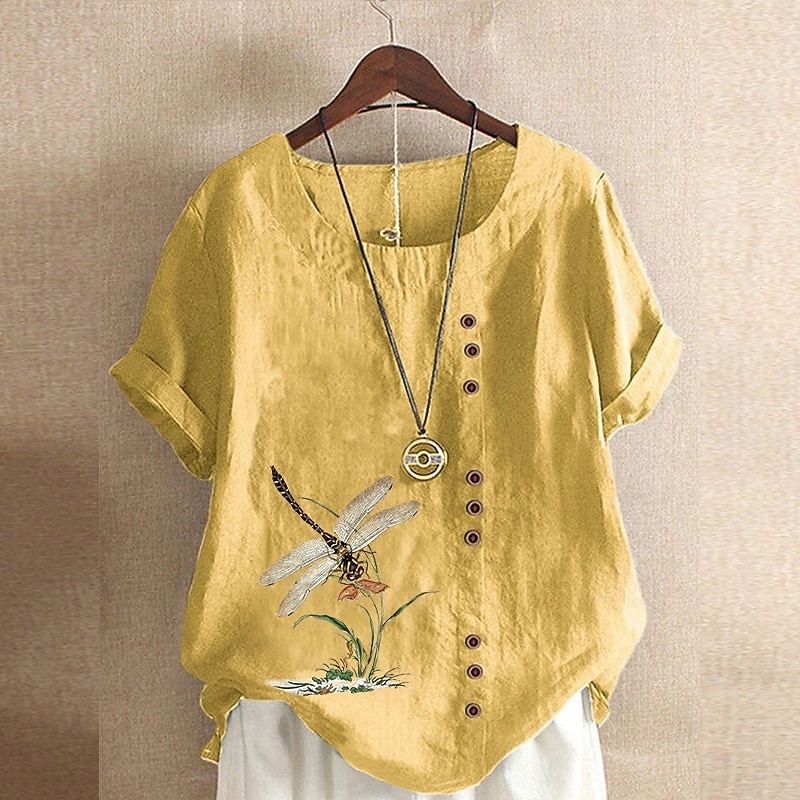 Pentru femei Cămăși Bumbac In Bluză In din bumbac artificial Nasturi Imprimeu Floare Modern Casual Manșon scurt Stil Nautic Topuri obișnuite Concediu Ieșire Alb Galben Verde Militar Trifoi Vară 2026 - $19.99 –P3