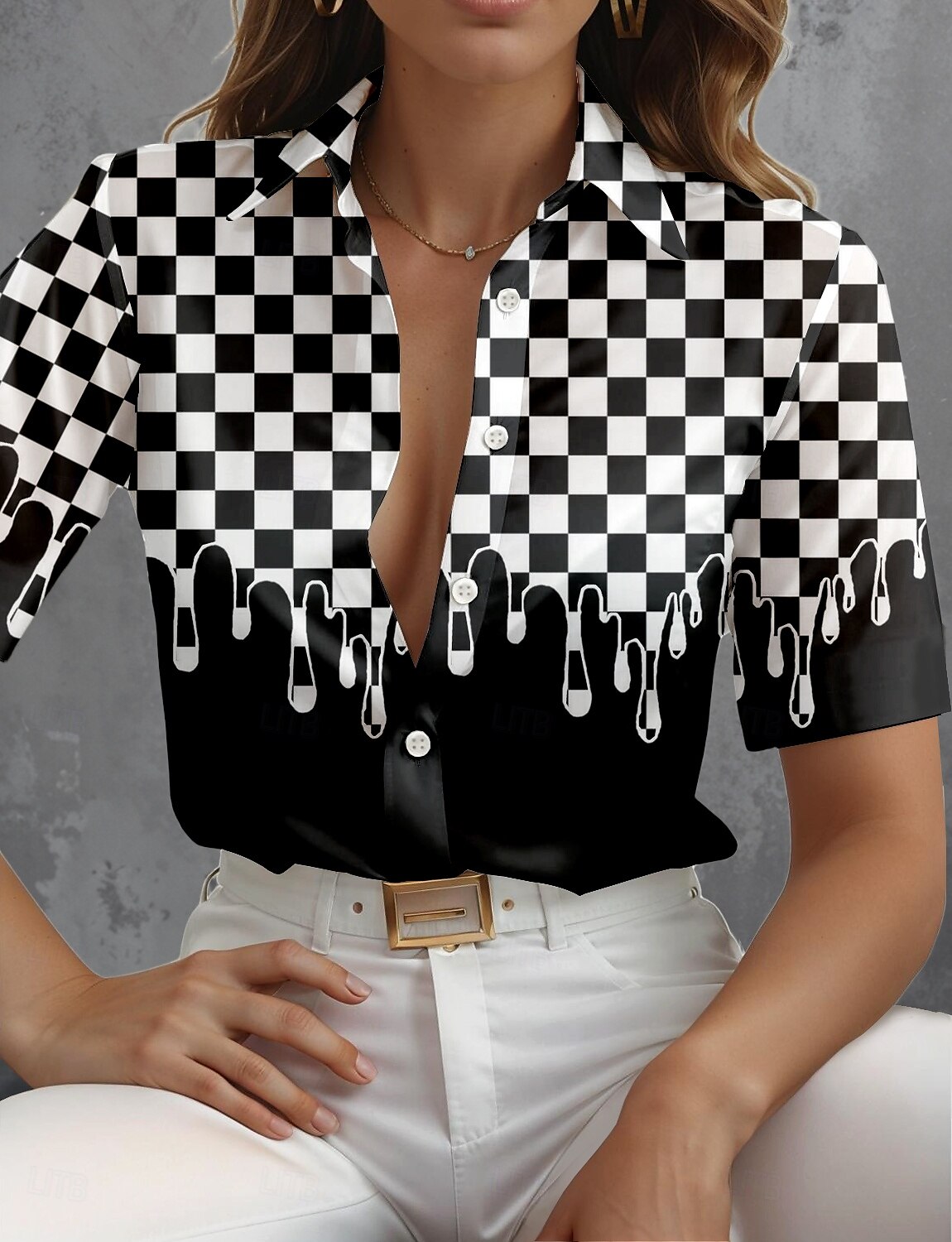 Camicia da donna a maniche lunghe blusa con bottoni grafica geometrica quotidiana elegante a maniche corte colletto regolare top quotidiani nera estate primavera del 2025 a $24.99 –P1