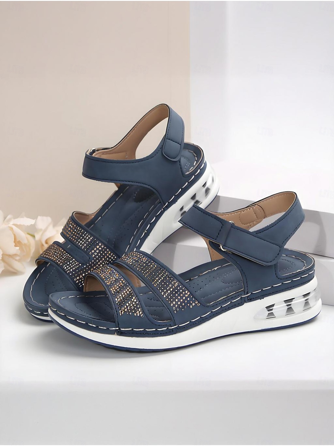 Damensandalen mit Luftpolster und Strasssteinen – bequeme Schuhe mit verstellbarem Klettverschluss und offener Spitze für Freizeit und Outdoor 2025 - $19.99 –P6