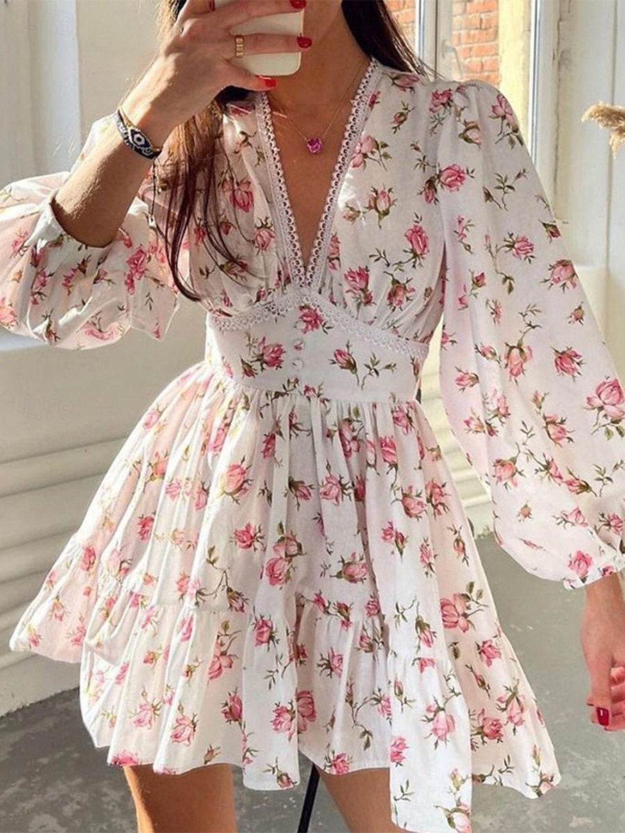 Per donna Mini abito Abito da ospite di nozze Boho Abito aderente e svasato Elegante Moda Sensuale Standard Floreale Manica lunga A V Magenta Nero Bianco Rosa Estate Primavera del 2025 a $23.99 –P1