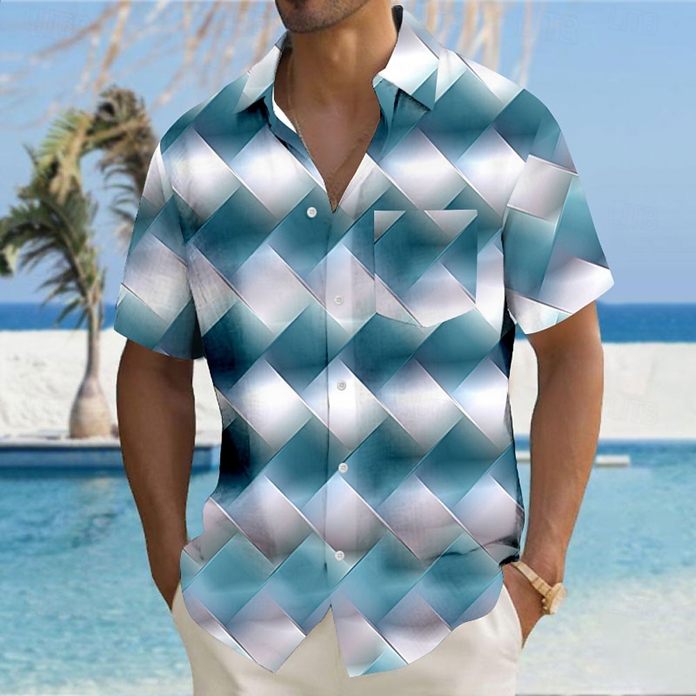 Men's Geometric Color Block Grid / Plaid Shirt Button Up Shirt Short Sleeve Fashion Casual Vacation Holiday Streetwear Summer Turndown 3D Print Collared Shirts Front One Pocket Blue Purple Green 2025 - $23.99 –P1