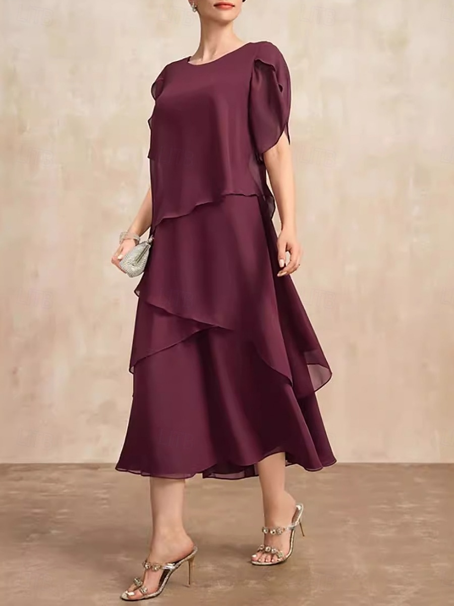 Damen Abschlusskleid Midi Kleid Einfarbig Wein Rose Rot Sommer Frühling A-Linien Kleid Rüschkleid Arbeitskleider Semi Formal Formal Arbeit Reguläre Passform Schlicht Rundhalsausschnitt 2025 - $46.99 –P4