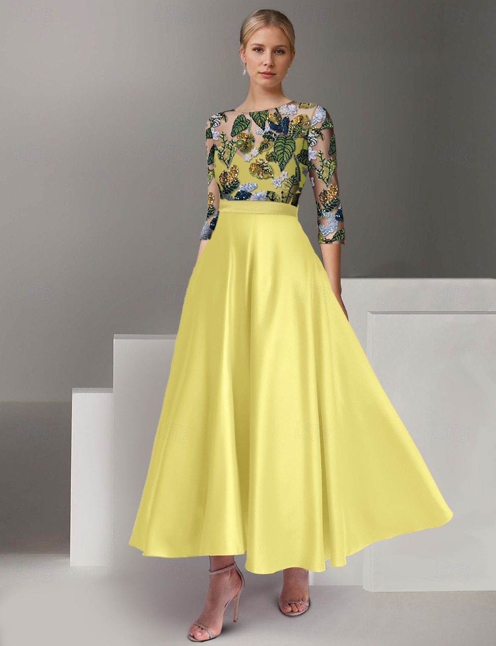 A-Linje Cocktail Floral Elegant Kjole Formell Bryllup Ankellengde Halv Erme Illusjons Hals Sateng med Volanger Splitt Broderi 2025 - €139.49 –P1