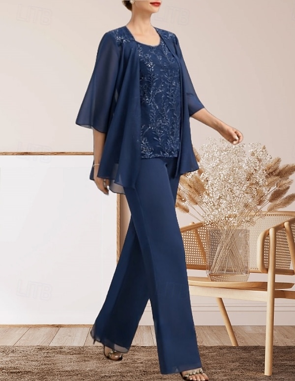 Jumpsuit / Pantsuit Mother of the Bride Dress Wedding Guest Elegant Crew Neck Floor Length Chiffon Lace 3/4 Length Sleeve with Lace 2025 - $168.99 –P3