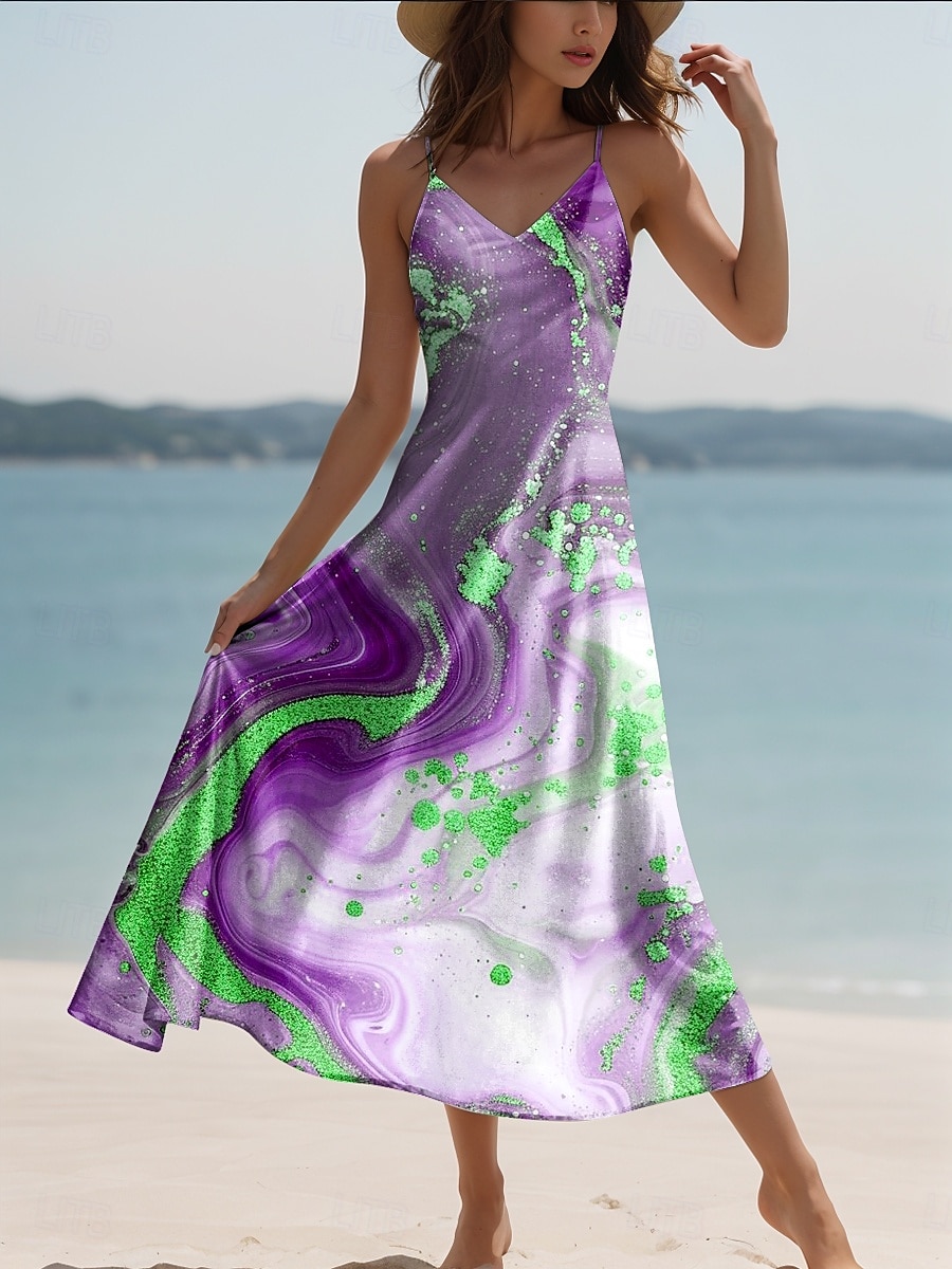 Damskie Sukienka maxi Codzienne sukienki Sukienka A line Sukienka na ramiączkach Elegancja Urlop Elegancki Codzienny Regularny Ombre Abstrakcja Marmurowy nadruk Bez rękawów W serek Czerwonobrązowy 2025 - $31.99 –P6