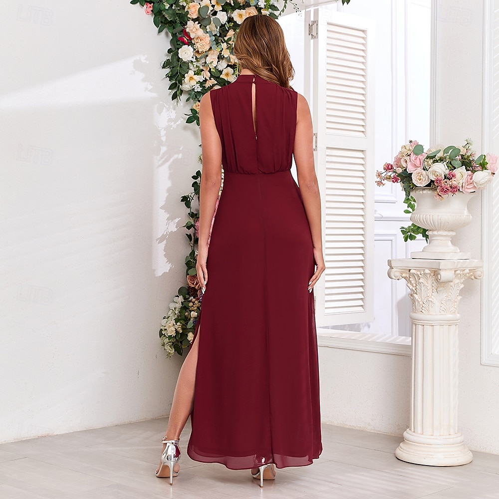 Rochie de Seară A-Line Rochie Elegantă Recepție de Nuntă Lungime de Podea Fără Mâneci Guler Înalt Rochie de Domniță de Onoare Chiffon cu Fanta 2025 - $72.99 –P6