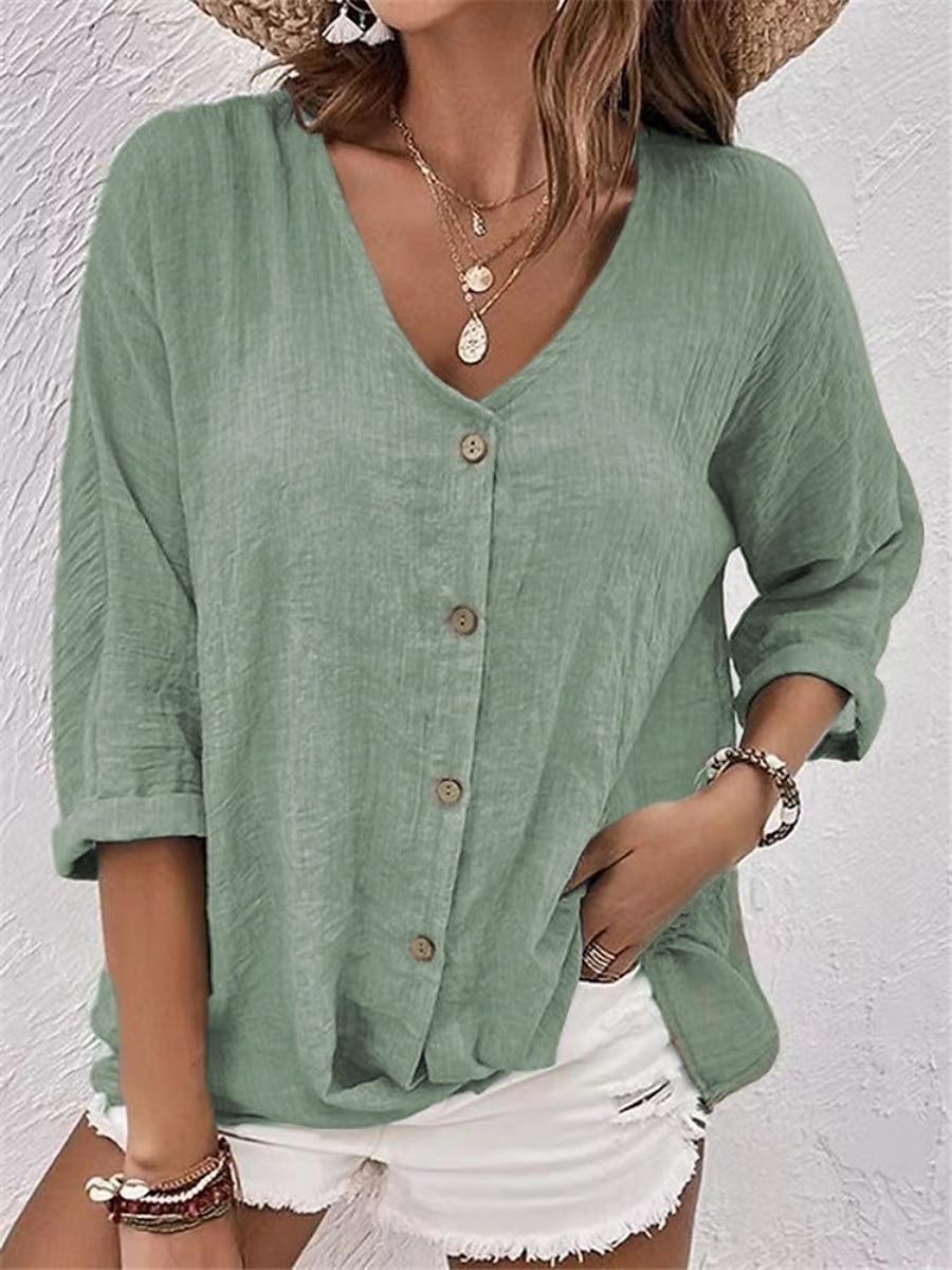 Damen Hemd Baumwoll-Leinen-Hemden Knopfleiste Bluse Einfach Basic Modern Langarm V Ausschnitt Normale Oberteile Täglich Ferien Knöpfe Rosa Blau Purpur Grün Khaki Sommer 2025 - $13.99 –P6