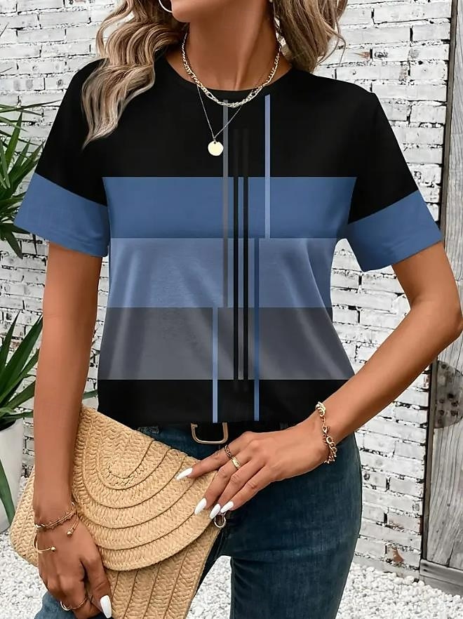 Damskie Podkoszulek Geometryczny Prążki Codzienny Krótki rękaw Okrągły dekolt Zwykłe topy Codzienny Wyjściowe Weekend Nadruk Niebieski Khaki Lato 2025 - $19.99 –P3