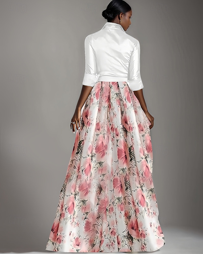 Robe mère de la mariée trapèze, imprimé floral, nœud élégant, plis, longueur au sol, col chemise, satin, manches 3/4 avec boutons, printemps été 2025 de 2025 ? $149.99 –P6