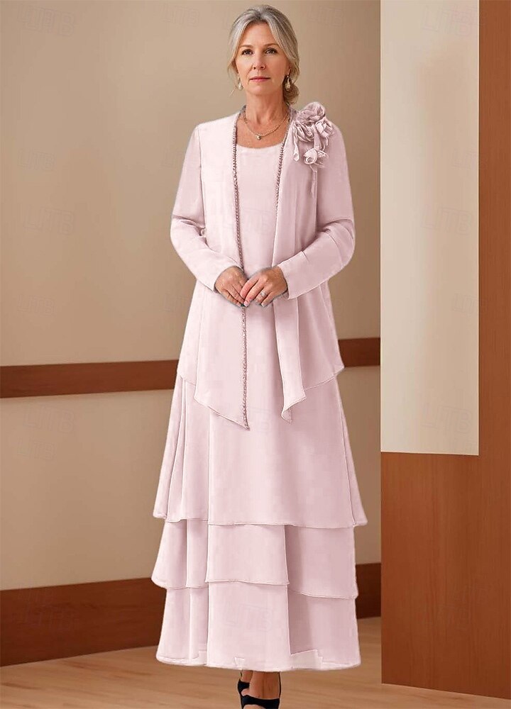 A-Line 3 Piece Mother of the Bride Dress Elegant Vintage Simple Jewel Neck  Floor Length Chiffon Sleeveless Long Sleeve Floral Jacket Dresses with  Cascading Ruffles 2026 - AU $375.29