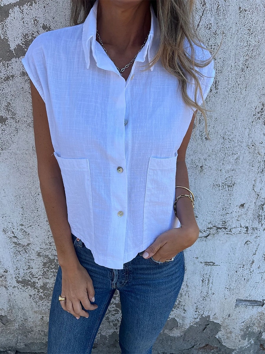 Camisola Feminina de Linho e Algodão Top Sem Mangas Cor Sólida Básica Casual Manga Curta Gola Redonda Ajuste Regular Diária Botões Bolsos Branco Azul Marinho Damasco Azul Claro Verão de 2025 por $18.99 –P3