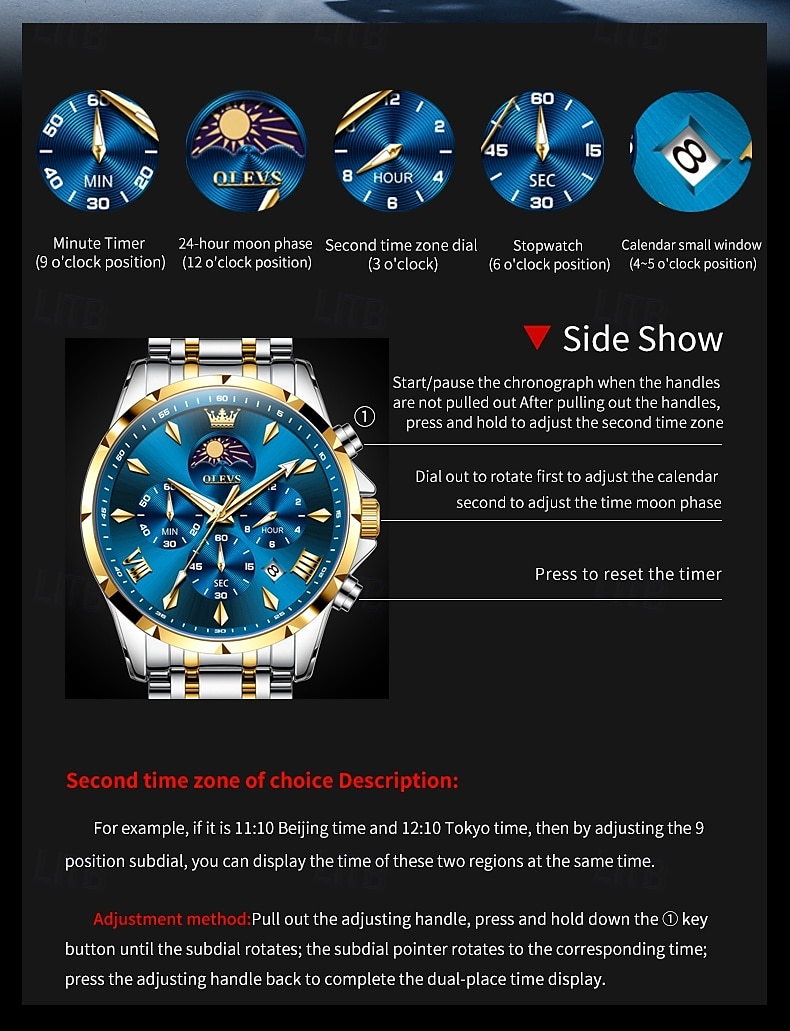 olevs 3653 herenhorloge quartzhorloge multifunctioneel chronograafhorloge voor heren 30m waterdicht lichtgevend maanfase stalen horloge 2025 - $43.99 -P6