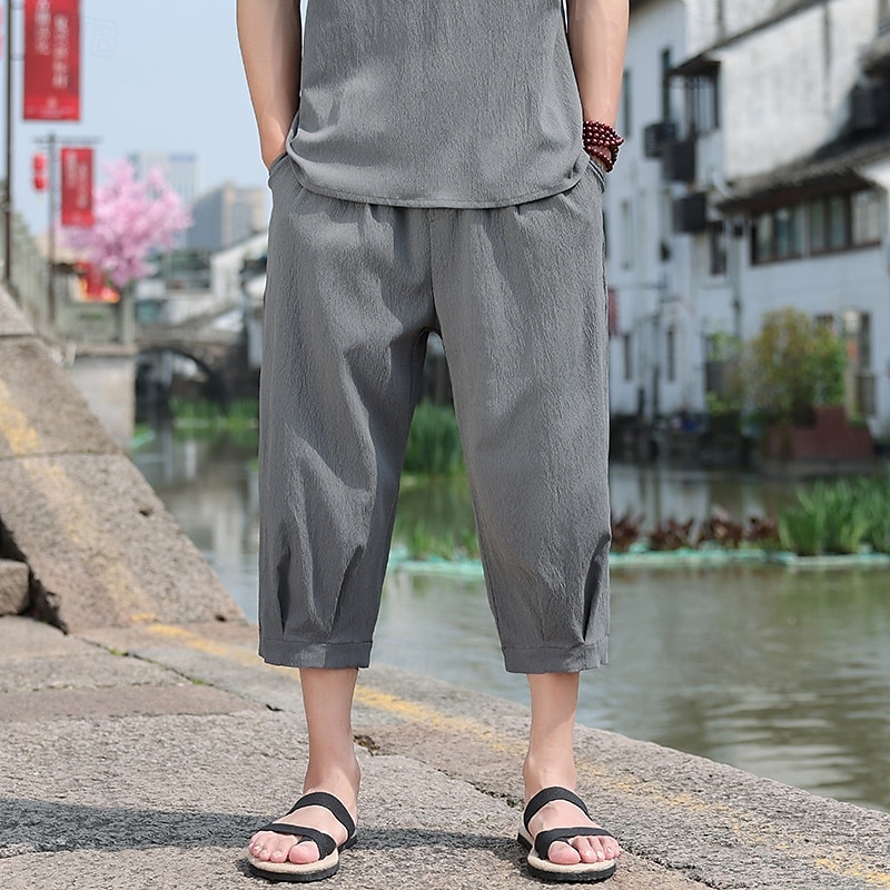 Men's Capri Pants Shorts Linen Shorts Summer Shorts Beach Shorts Drawstring Elastic Waist Baggy Plain Comfort Breathable Calf-Length Outdoor Casual Daily Fashion Retro Vintage Black White 2025 - $24.99 –P5