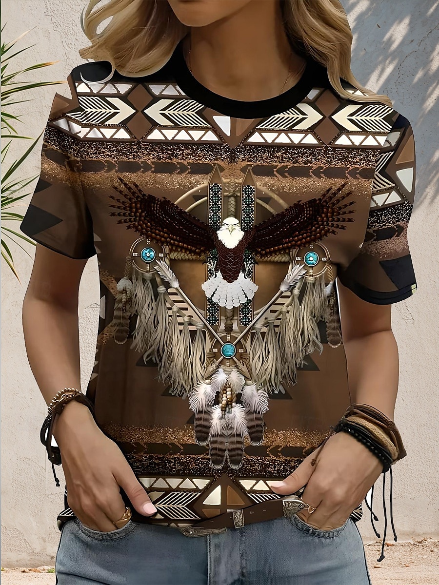 Women's Boho T Shirt  Western T Shirt Graphic Geometric Tribal Bohemia Vintage Stylish Short Sleeve Round Neck Regular Tops Daily Going out Weekend Print Brown Summer Spring 2026 - $22.99 –P1