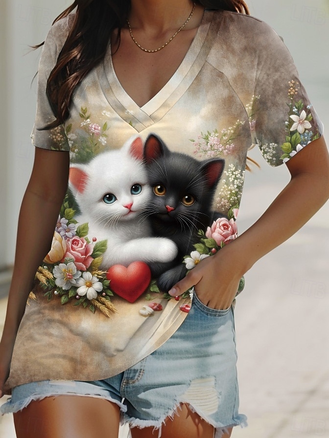 Dam T-shirt Djur Katt Ledigt Kortärmad V-hals Vanliga toppar Dagligen Utekväll Helgen Mönster Svart Naturvit Sommar 2025 - $19.99 –P1