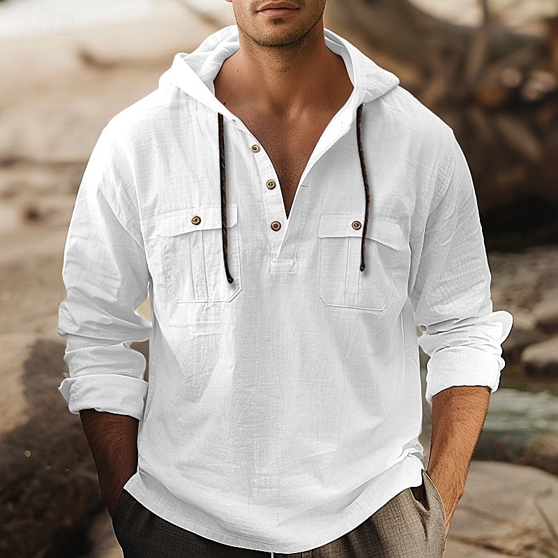 Per uomo Camicia Camicia di lino Camicia Estiva Camicia da Spiaggia Camicia con cappuccio Semplice Casuale Quotidiano Nero Bianco Marrone Cachi Manica Lunga Con Cappuccio Primavera & Estate del 2025 a $26.99 –P1