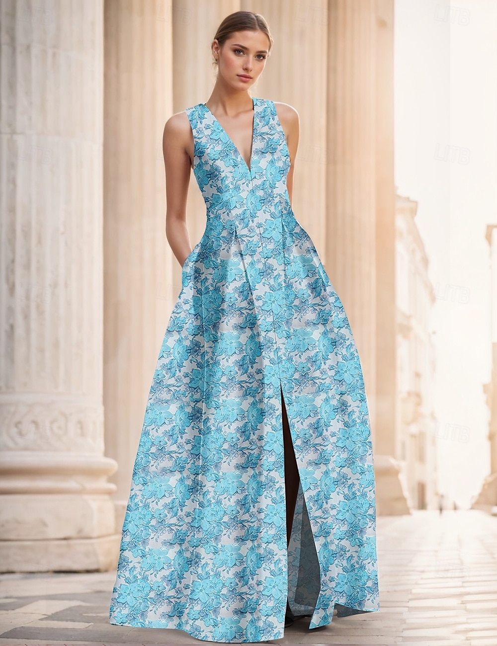 Linha A Vestidos de noite Elegante Vestido Formal Casamento Longo Sem Manga Decote V Fibra Sintética com Estampa floral Fenda Bolsos 2025 de 2025 por $149.99 –P1