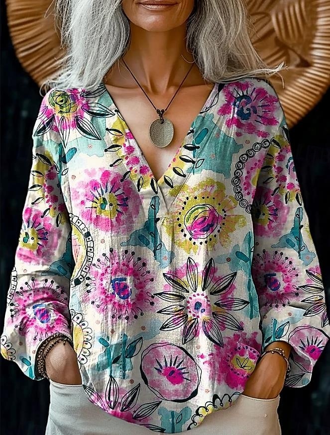 Blusa da donna con bottoni Grafica floreale di stile casual spiaggia a maniche corte scollo a V Top regolari quotidiani stampa Rosa Marrone chiaro Marrone Verde Estate Primavera del 2025 a $25.99 –P2