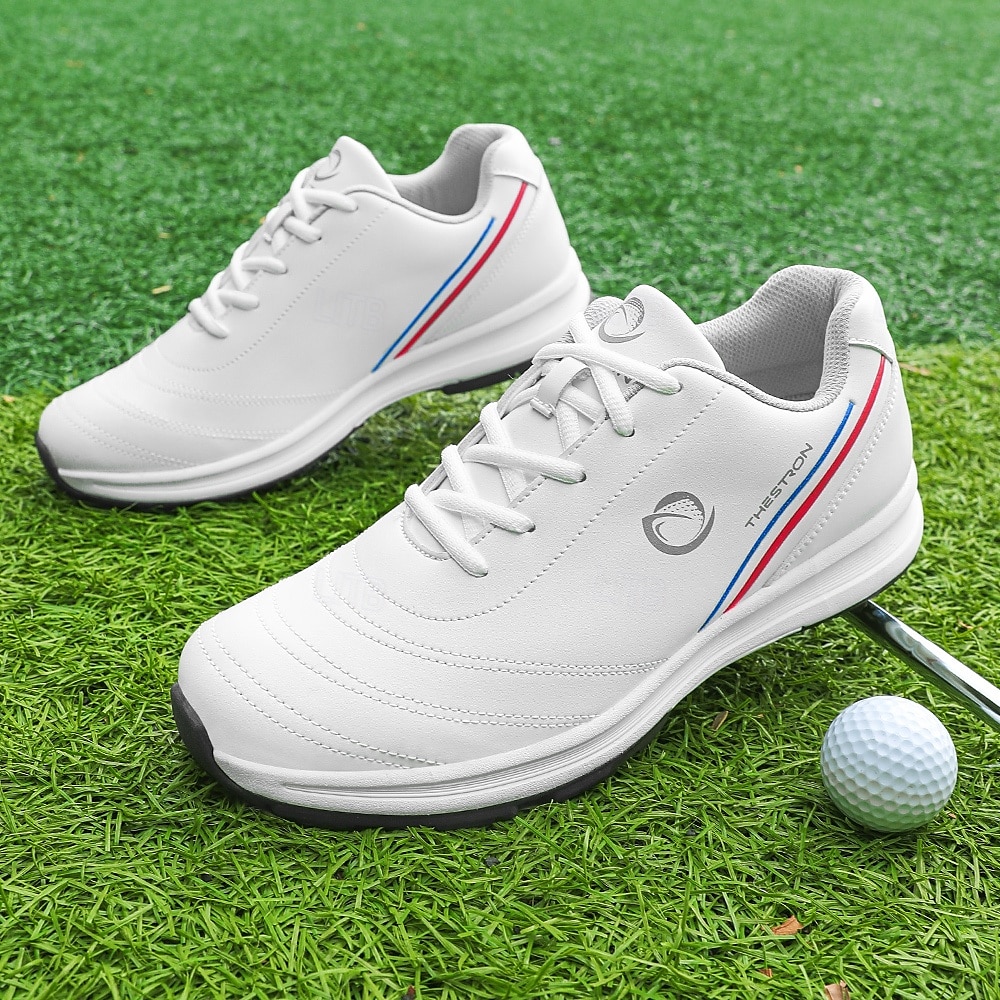 elegante hvite golfsko for menn med tricolor stripe, vanntett skinn, perfekt for profesjonell golfspilling 2025 - $59.99 -P1